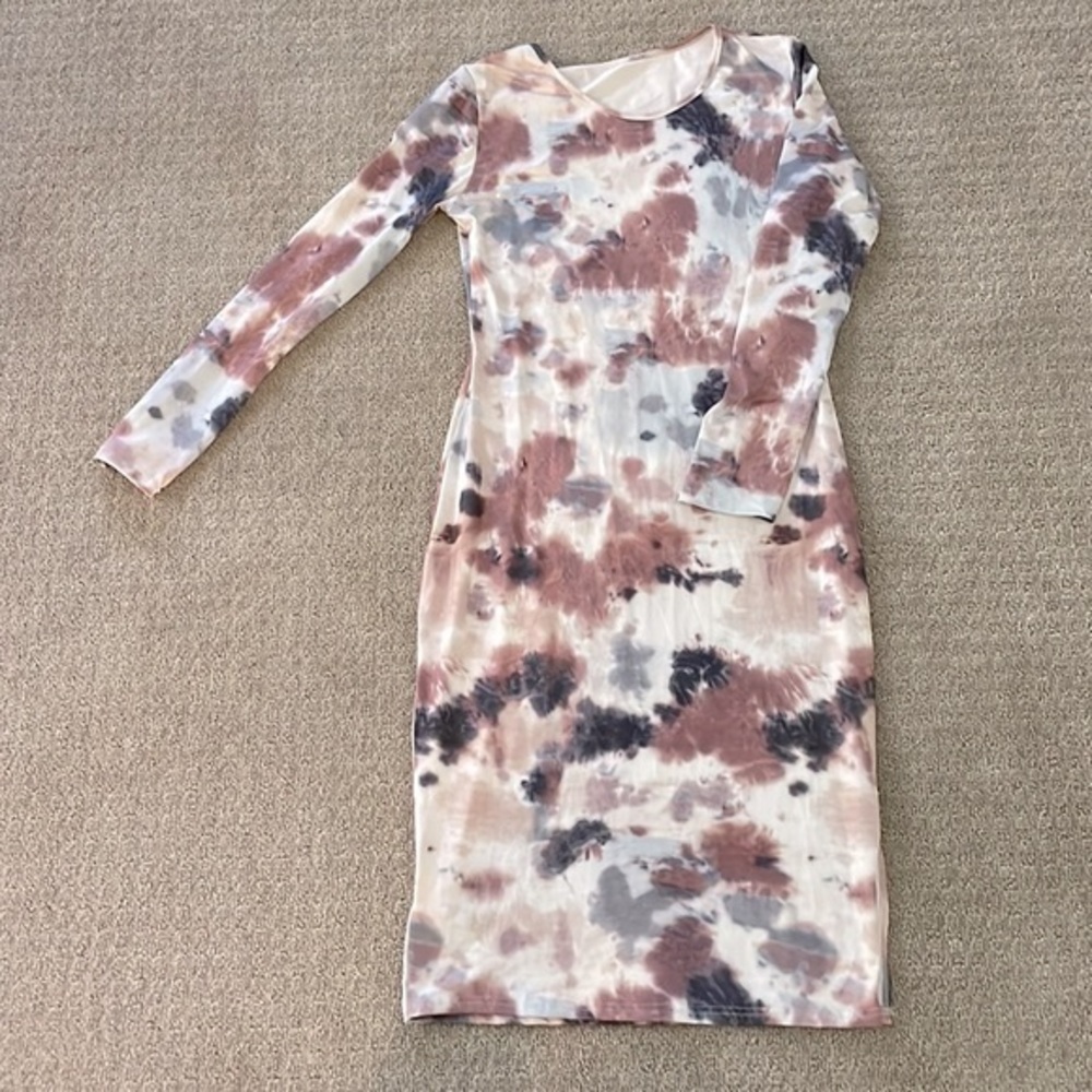 Mauve & Blue Tie Dye Scoop Neck Long Sleeve Bodycon MIDI Side Slit Dress